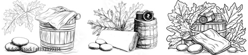 Modern illustration featuring bath accessories, a Russian sauna, water, and a steam broom in a realistic hand-drawn sketch