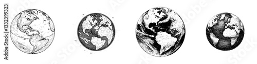 The planet Earth is depicted in a modern globe sketch engraving style as a T-shirt apparel print design, presented as a scratch board imitation in black and white, created by hand