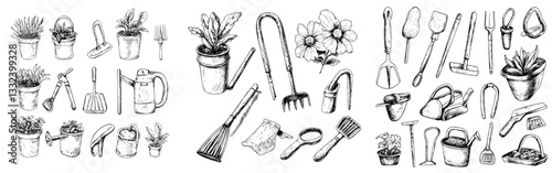 A collection of hand-drawn gardening tools and equipment, including pruning shears, a watering can, hose, digging shovel, digging fork, wheelbarrows, and a plant with leaves growing in the ground