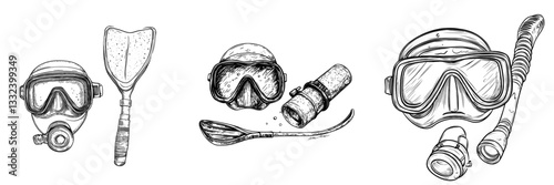 A black and white hand drawn image of a diver mask and snorkel is depicted in a modern illustration style, with a sketch engraving aesthetic, ideal for a T-shirt apparel print design featuring a