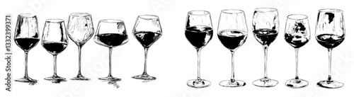 The image is a watercolor and hand drawn sketch of a wine glass collection, filled with red wine and isolated on white, exemplifying a sophisticated art design