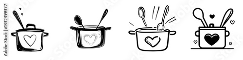 A saucepan accompanied by a serving spoon and a large heart symbolizes the concept of cooking classes, emphasizing the importance of cooking with love in a kitchen setting, as depicted in a modern,