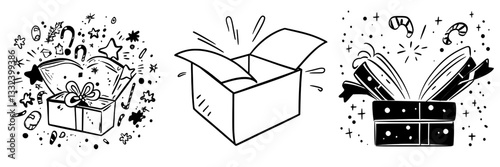 A hand-drawn doodle style gift box with a bow, exemplifying modern Scandinavian monochrome minimalism as a single design element, conveying surprise