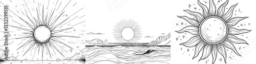 The modern illustration features a sun sketch engraving, suitable for a t-shirt apparel print design, and resembles a scratch board imitation in black and white, hand drawn