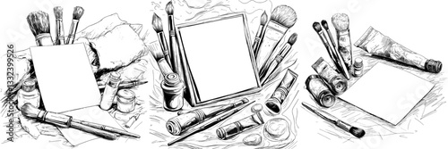 A set of hand drawn art tools and supplies, including artistic paintbrushes and watercolor paints, for modern sketch illustration