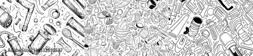 A set of plumbing fixtures doodles is available, featuring a collection of hand-drawn sketches, templates, and patterns of household tools and bathroom objects like toilets, showers, and sinks on a