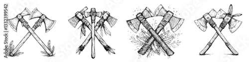 Tomahawk design combines modern illustration with a sketch engraving style, suitable for a T-shirt apparel print, and features a scratch board imitation in black and white