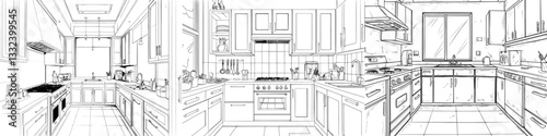 Modern kitchen furniture depicted in a sketch style illustration