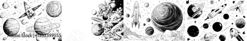 A collection of hand-drawn sketches and templates featuring cosmic objects, stars, planets, meteors, and black holes set against a transparent background, illustrating the universe or galaxy