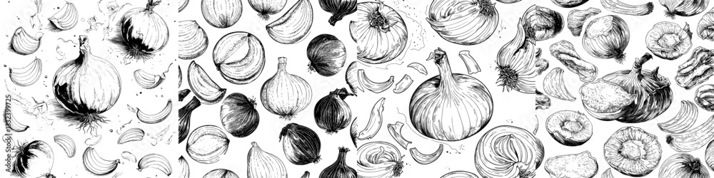 A modern sketch illustration of an onion set is presented in a seamless pattern, drawn in an engraved style with ink, evoking a natural and business-like vibe, suitable for vintage or retro-themed A modern sketch illustration of an onion set is presented in a seamless pattern, drawn in an engraved style with ink, evoking a natural and business-like vibe, suitable for vintage or retro-themed