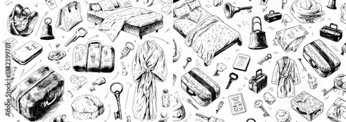 The hotel services are depicted through hand drawn objects in a modern doodle style illustration on white