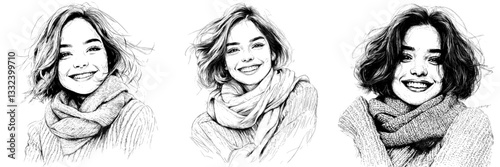 The illustration of a happy young girl is presented in a joyful modern engraving style, perfect for apparel print, with a scratch board imitation in black and white
