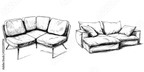 Modern sofa designs are illustrated through sketch-style drawings, highlighting a contemporary approach to sofa illustration