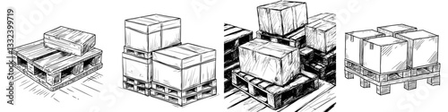 A hand-drawn image of a warehouse pallet with boxes is depicted in a modern style, along with a doodle icon of a warehouse pallet and an isolated illustration of a pallet with boxes, all in modern