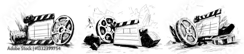 Continuous line art of a vintage film clapper and reel, symbolizing classic movies in a modern illustration