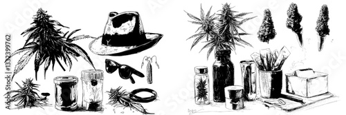 Marijuana smoking paraphernalia is showcased in a set of hand-drawn sketches, which include items like a weed grinder, glass bong, and tools for rolling marijuana blunts and cigarettes