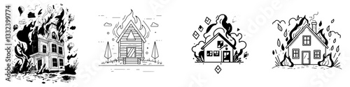 Modern illustration of a house fire is depicted in a sketch engraving style, suitable for a T-shirt apparel print design with a scratch board imitation effect, presented as a black and white hand