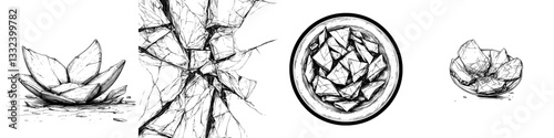 Modern illustration of a broken plate is presented as a sketch engraving, suitable for a T-shirt apparel print design, and features a scratch board imitation in black and white, hand drawn
