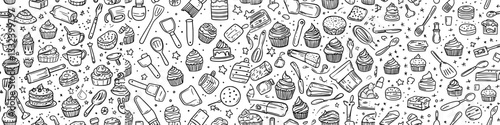 A seamless pattern featuring hand-drawn baking and cooking tools, including a mixer, cake, spoon, cupcake, and scale, is presented in a doodle sketch style suitable for textile, background, or