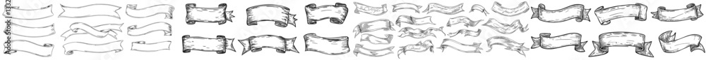 Ribbon banners are set, featuring hand-drawn sketch elements suitable for posters, logos, invitations, cards, and retro heraldic ribbons with a vintage modern style