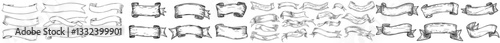 Ribbon banners are set, featuring hand-drawn sketch elements suitable for posters, logos, invitations, cards, and retro heraldic ribbons with a vintage modern style
