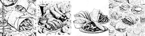 Collection of traditional Mexican cuisine including tamale, tortilla, burrito, taco, fajitas, elote, pozole, and con carne, presented in a hand-drawn outline modern sketch style on a black and white