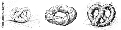 The Pretzel Kringle bakery product is depicted in a modern illustration, which is a sketch engraving suitable for a T-shirt apparel print design, resembling a scratch board imitation, presented as a