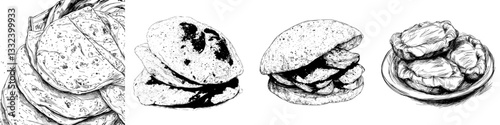 A hand-drawn illustration of Indian tortillas set against a white backdrop, showcasing the country's culinary delights, including food and various meals