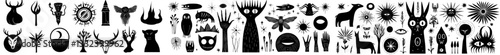 Modern mystical items including the moon, hands, crystals, and planets are featured in an astrology-inspired doodle style, incorporating esoteric and bohemian elements with a hand-drawn feel,