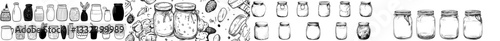 A doodle set of jars and containers for food, featuring hand-drawn shapes and forms of glass jars used to store preserved food, jam, grains, and cereals on a transparent background