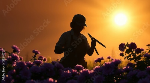 Woman Gardening at Sunset Silhouette in Flower Field with Pruning Shears