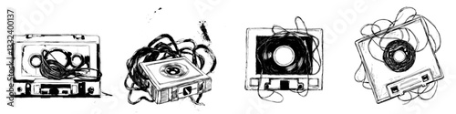 A modern illustration of a cassette tape with tangled and torn tape is depicted in a sketch engraving style, suitable for a T-shirt apparel print design, created with a scratch board imitation