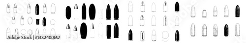 A collection of vintage monochrome illustrations featuring bullets and cartridges, suitable for use as design elements in logos, labels, signs, emblems, and posters, with a modern twist