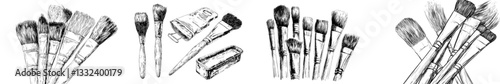 A collection of vintage paint brushes is depicted in a hand-drawn sketch of modern illustration