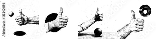 Modern illustration of an ok gesture from an underground hole sketch engraving, designed for T-shirt apparel print, in a scratch board imitation style, presented as a black and white hand drawn image