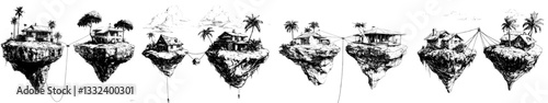A modern illustration of fabulous flying islands is presented in a sketch engraving style, suitable for a T-shirt apparel print design, with a scratch board imitation effect, rendered in black and