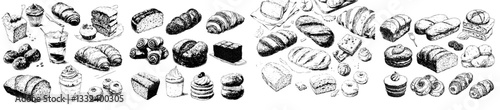 A collection of bakery items, including donuts, bagels, cookies, baguette, pie, croissant, and Easter cake, is depicted in a hand-drawn, old sketch and vintage style suitable for a bakery shop label