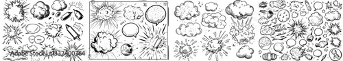 A hand-drawn explosion is depicted along with a bomb, smoke, and other elements, all in a comic doodle sketch style, featuring a bomb cloud, dynamite, and star sign, as part of a modern illustration