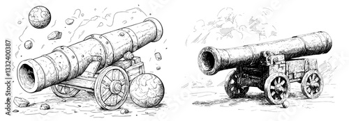 A vintage modern illustration features an old pirate ship equipped with a cannon and cannonballs