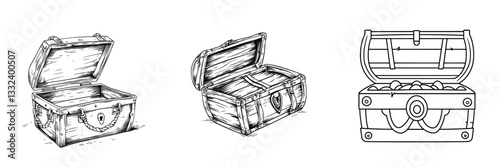 A hand-drawn, modern illustration of a wooden pirate treasure chest overflowing with gold coins, depicted in a doodle sketch style and isolated on a white background