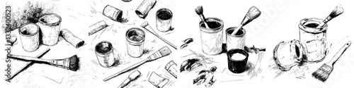 The required materials include two cans of paint, a bucket, work gloves, and brushes, while the desired style is a sketch in engraving style with a modern illustration twist