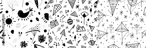 The hand drawn doodle of kites creates a seamless pattern that reflects modern and minimalist styles, commonly found in Scandinavian and Nordic designs, often monochrome, and reminiscent of toys, the