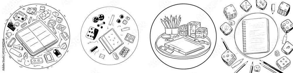 Obraz premium A set of board game elements is depicted in a modern hand-drawn illustration style, featuring simple doodles