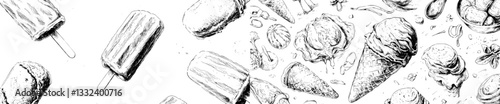 A modern illustration of hand drawn ice cream is presented in a vintage engraved style, showcasing various types of ice cream, suitable for dessert, sweets, menu design, restaurant, or shop, set