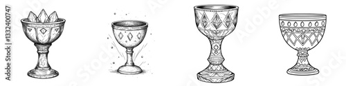 A priceless antique goblet is depicted in a modern illustration through a sketch and engraving style, suitable for a T-shirt apparel print design, mimicking scratch board, in a black and white hand