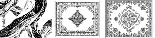 A modern illustration of a carpet rug is presented on a t-shirt as an apparel print design, alongside a scratch board imitation in the form of a black and white hand drawn image