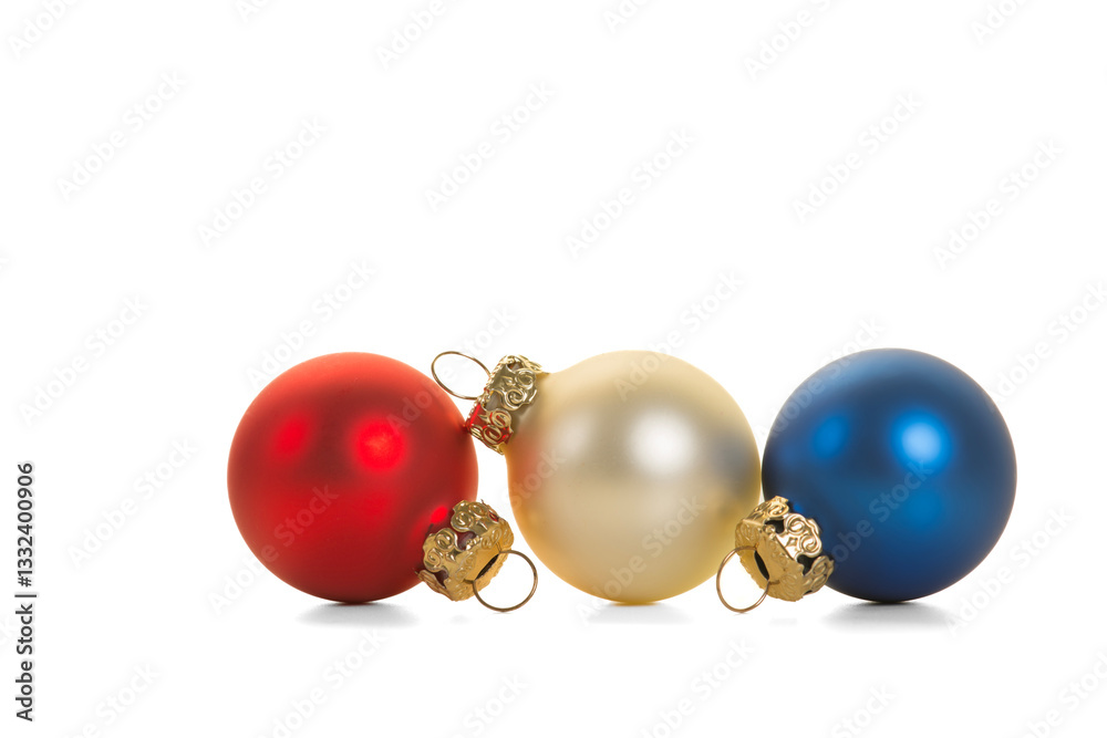 Red, white and blue christmas ornaments baubles isolated on a white background, colours referring to th dutch or french flag Red, white and blue christmas ornaments baubles isolated on a white background, colours referring to th dutch or french flag