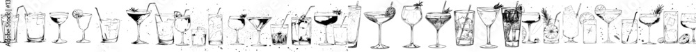 Naklejka premium A hand-drawn, modern illustration in a vintage style depicts cocktails, including the alcoholic daiquiri, old fashioned, manhattan, martini, and sidecar in a glass engraving