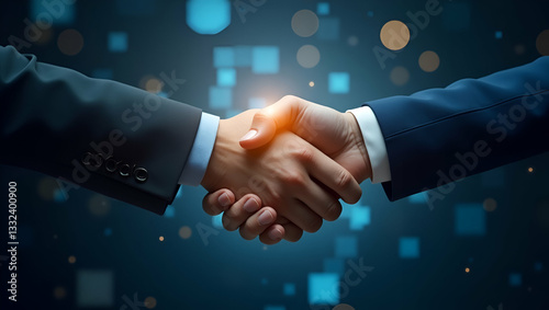 Symbolic image of a digital handshake representing online communities commitment to social responsibility concept as Symbolic digital handshake image representing online communitys commitment to socia