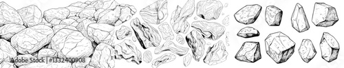 Sketches of stones are created, featuring hand-drawn pebbles and boulders piled up, with outlined doodles of rock structures made from natural materials, including cobblestone shapes and isolated
